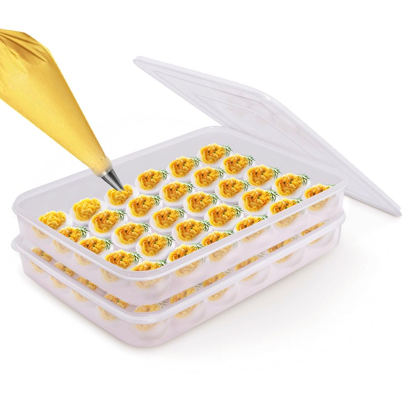 77L Deviled Egg Containers with Lid, (Set of 2), Plastic Deviled Egg Carrier Tray for 60 Eggs, Clear Storage Egg Holder for Refrigerator, Fridge Stackable Countertop Portable Egg Dispenser - Image 1